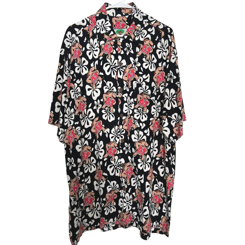 Men's XXL Button Down Shirt Black Red Maryland Terrapins Mascot Graphic Tropical